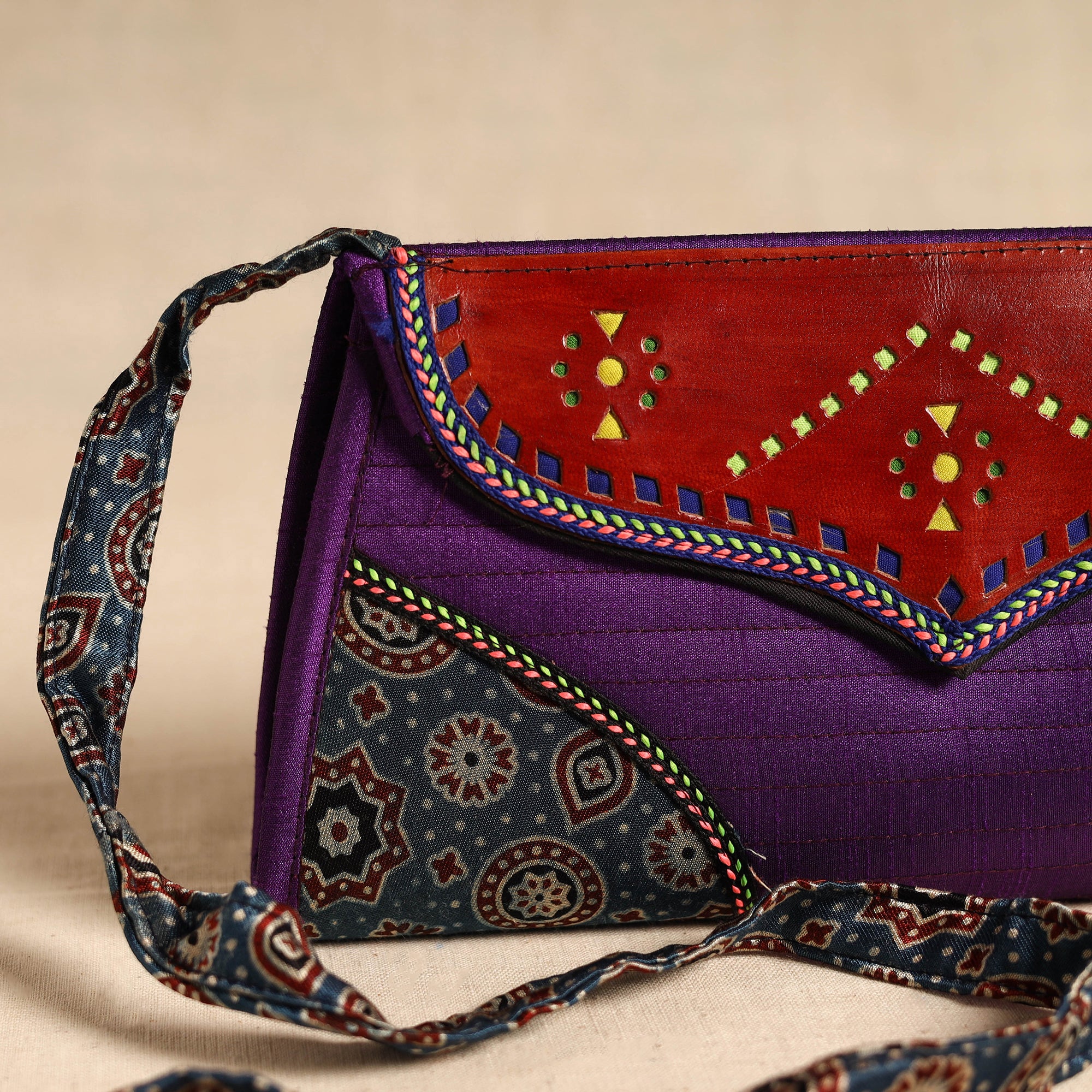 Traditional Kutch Patchwork Silk Leather Flap Sling Bag 43 - Image 3