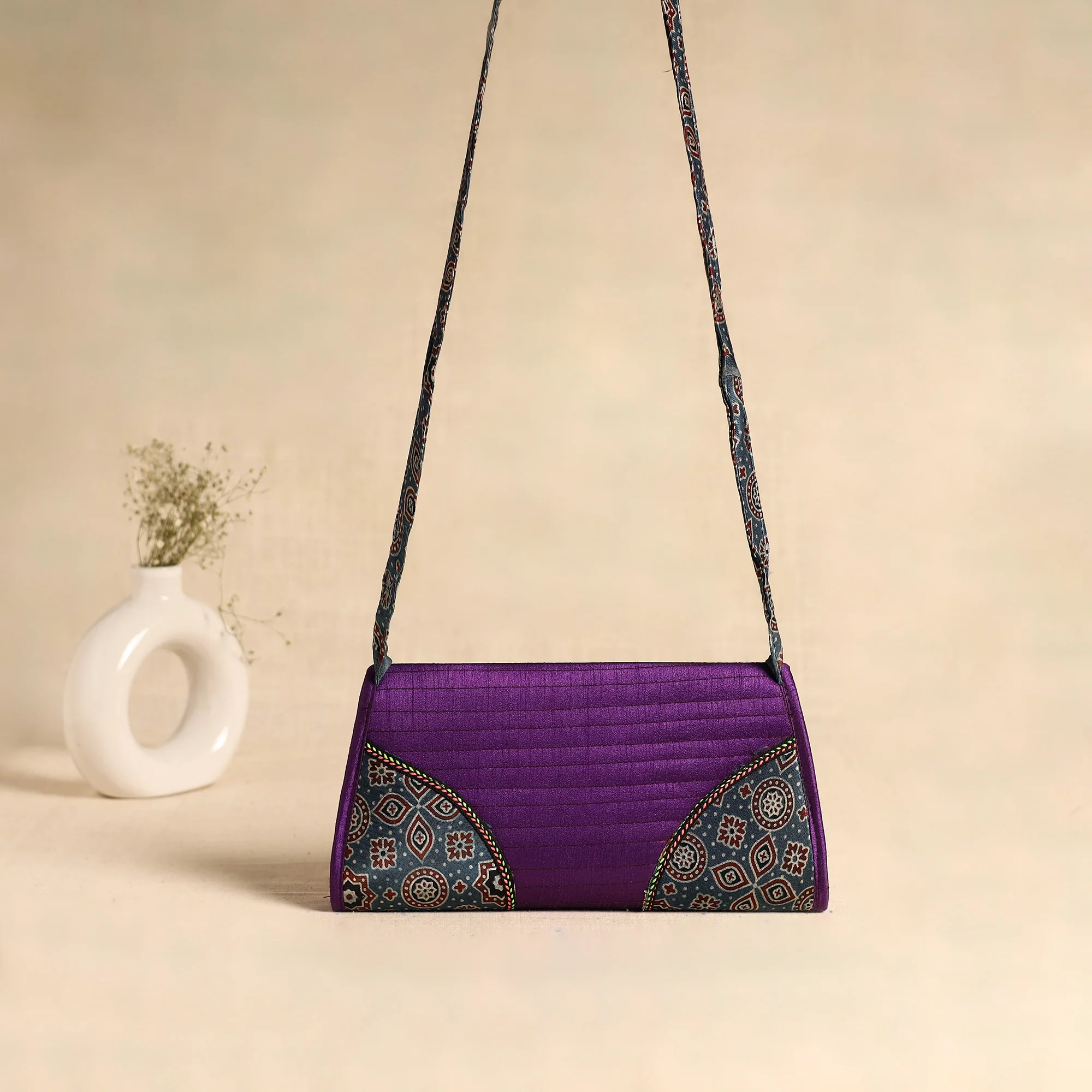 Traditional Kutch Patchwork Silk Leather Flap Sling Bag 43 - Image 4