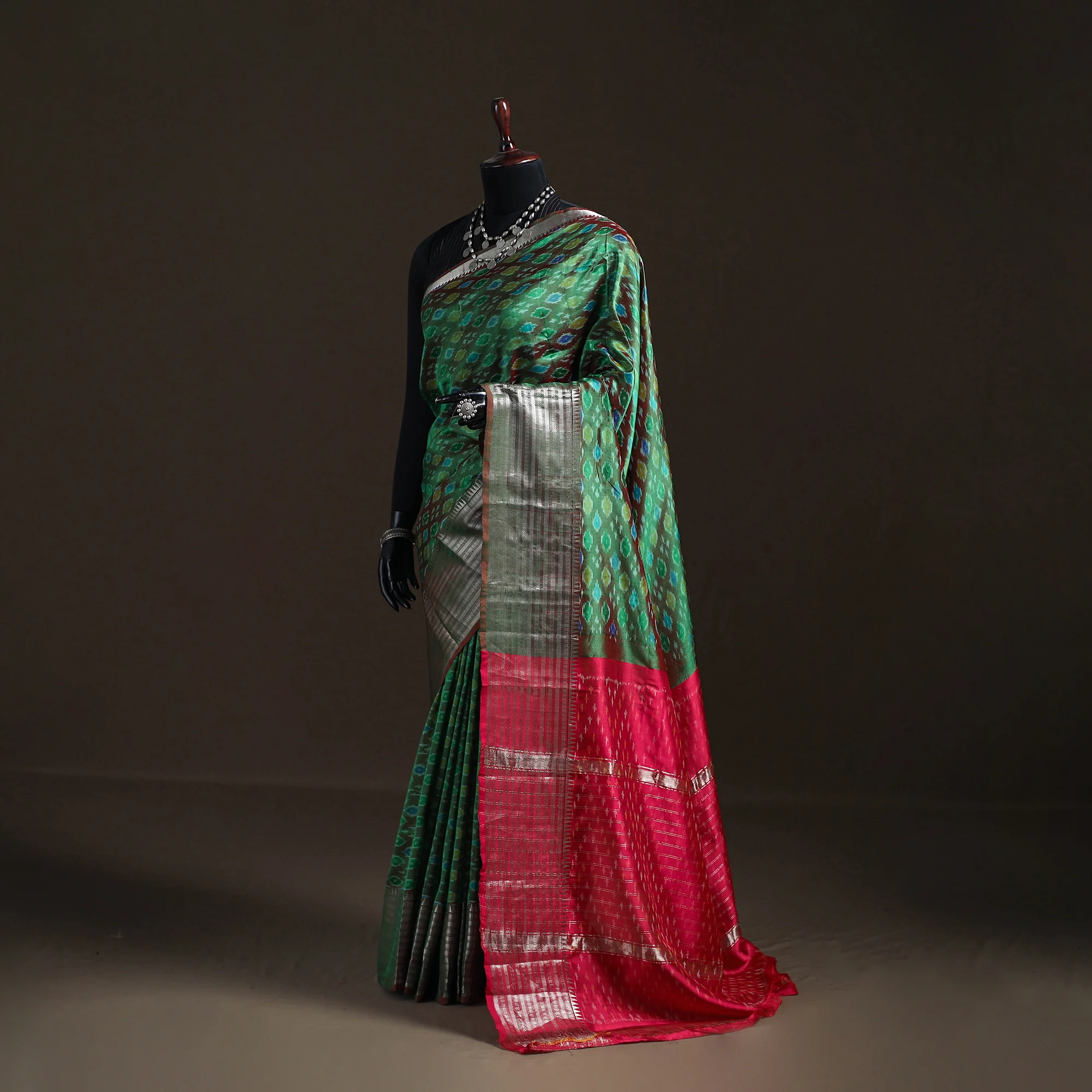 Green - Traditional Pochampally Ikat Handwoven Pure Silk Pattu Saree with Rudraksha Border 03