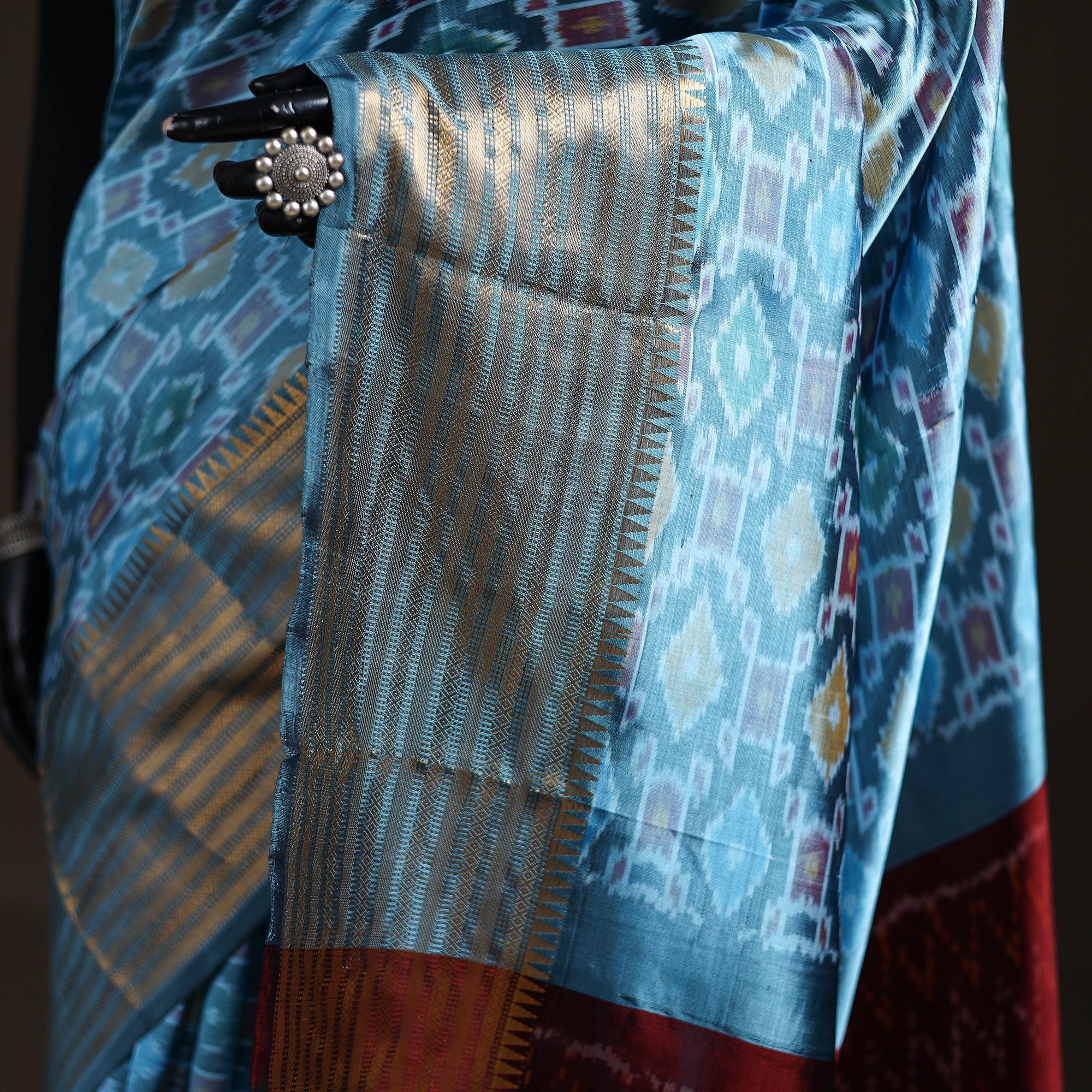 Blue - Traditional Pochampally Ikat Handwoven Pure Silk Pattu Saree with Rudraksha Border 09 - Image 3