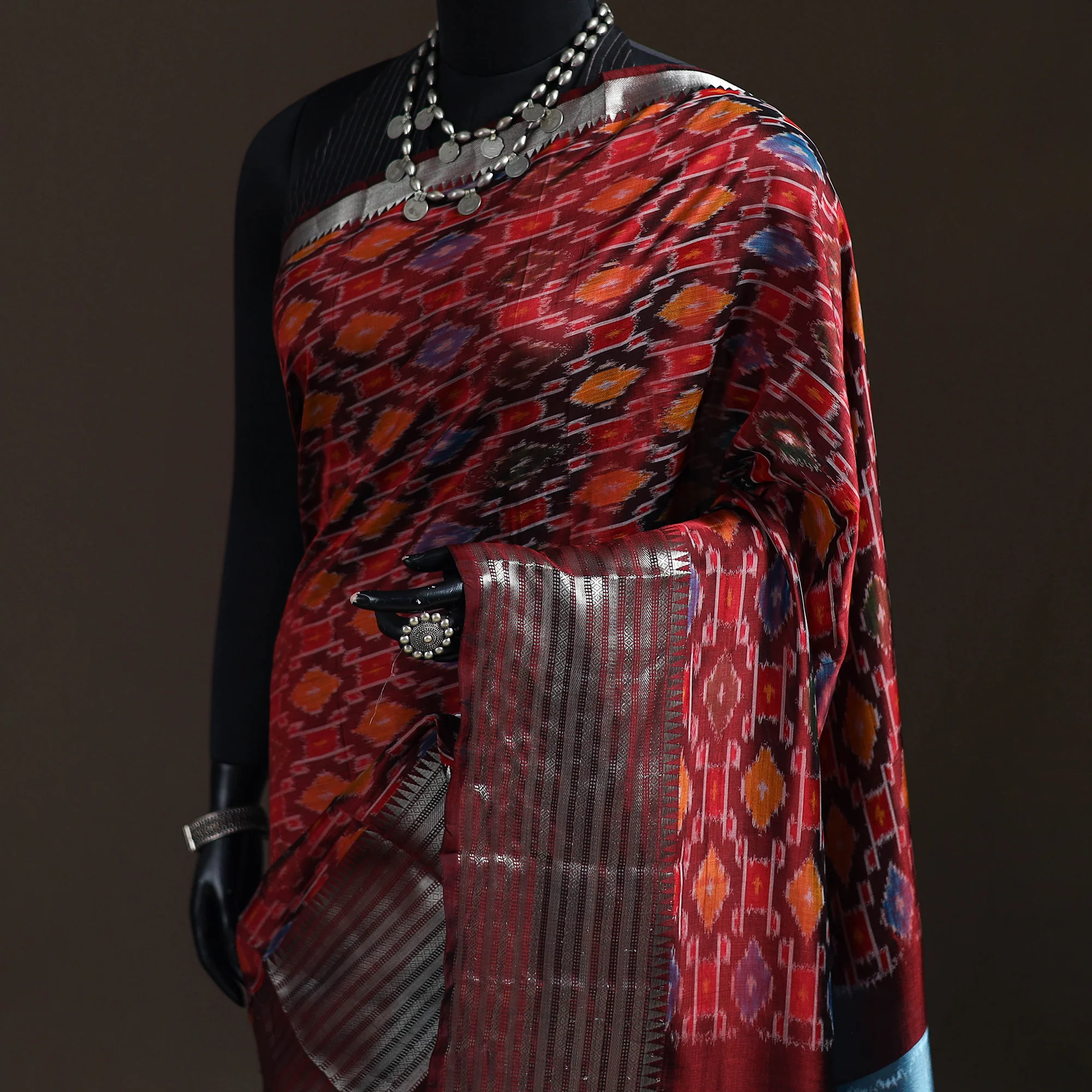 Red - Traditional Pochampally Ikat Handwoven Pure Silk Pattu Saree with Rudraksha Border 14 - Image 2