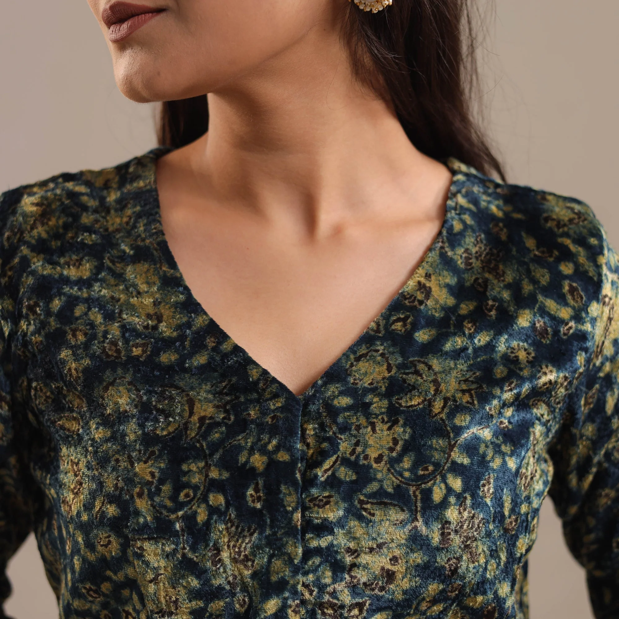 Blue - Velvet Natural Dyed Ajrakh Print Blouse 13 - Image 3