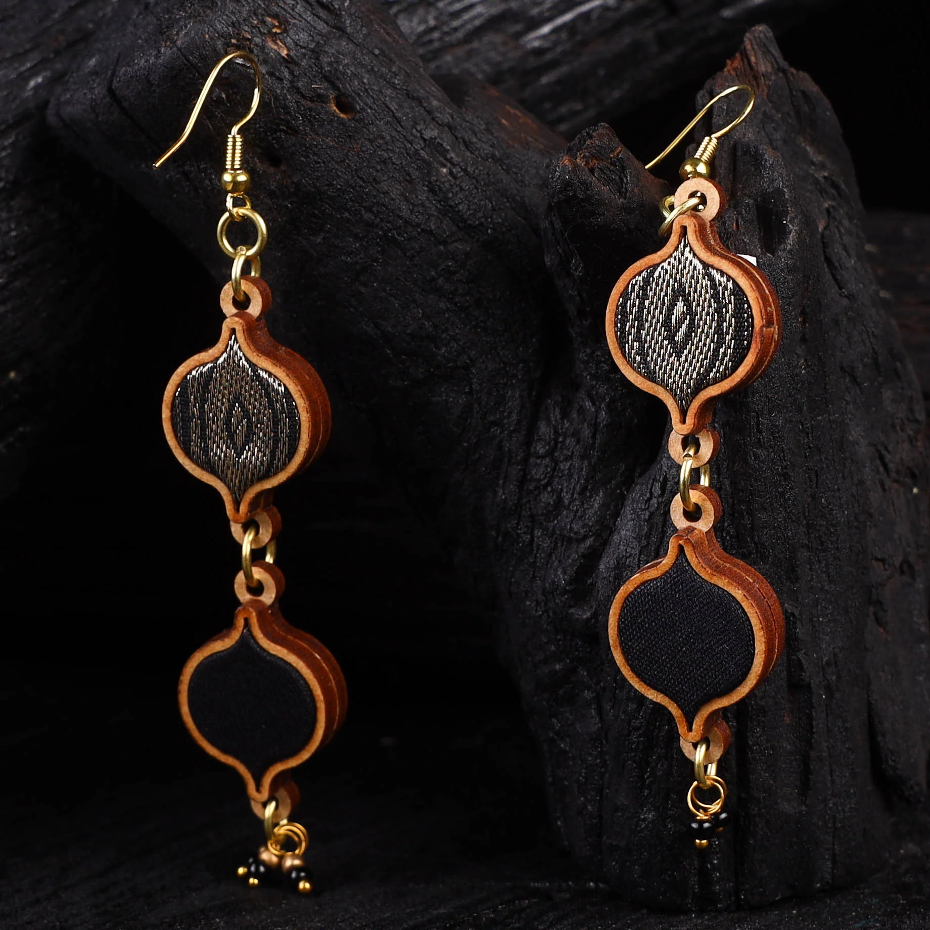 WHE Black & Gold Festive Multi Layered Repurposed Fabric & Wood Earrings 50 - Image 2