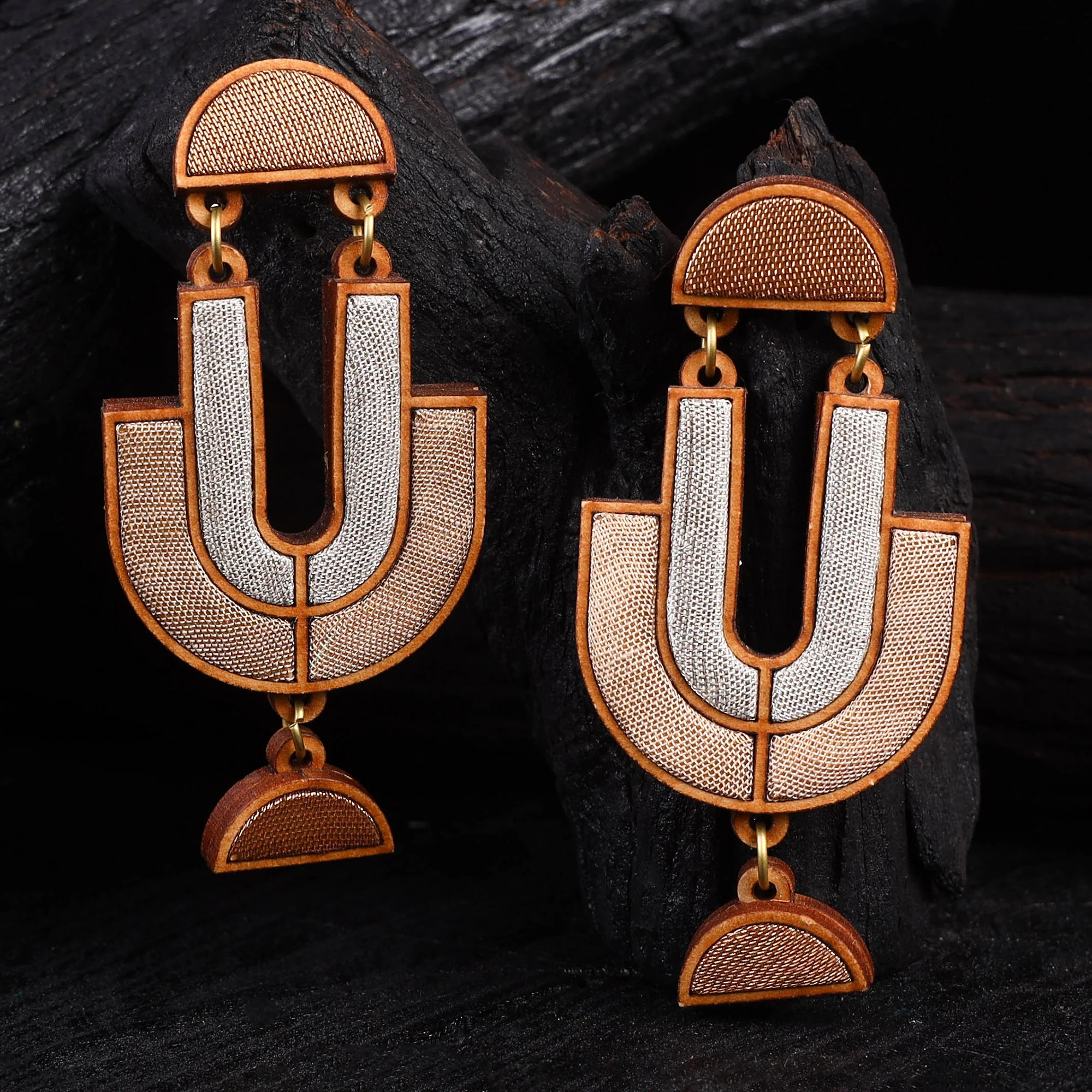 WHE Gold & Silver Festive Repurposed Fabric & Wood Earrings 39 - Image 2
