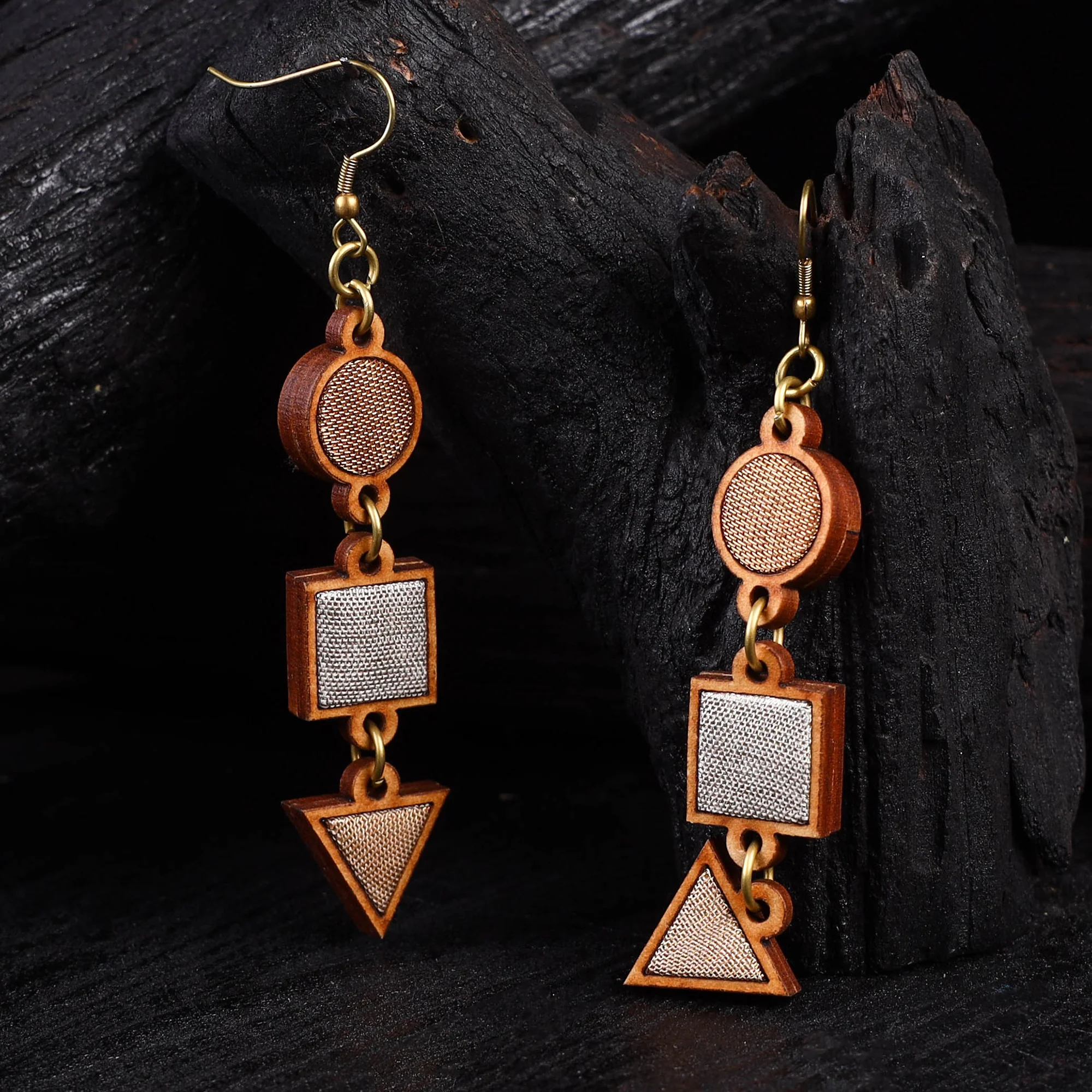 WHE Gold & Silver Festive Repurposed Fabric & Wood Geometrical Earrings 40 - Image 2
