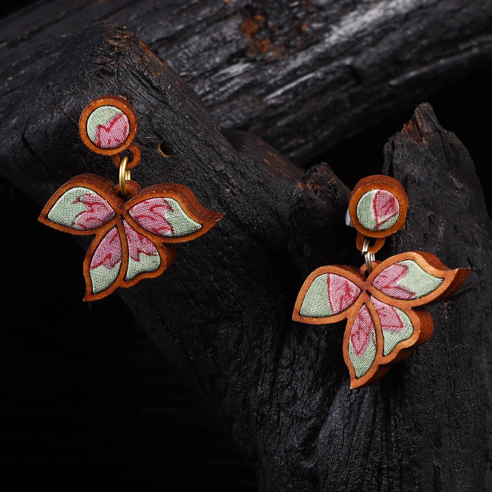 WHE Green Bloom Repurposed Fabric & Wood Leaf Earrings 45 - Image 2