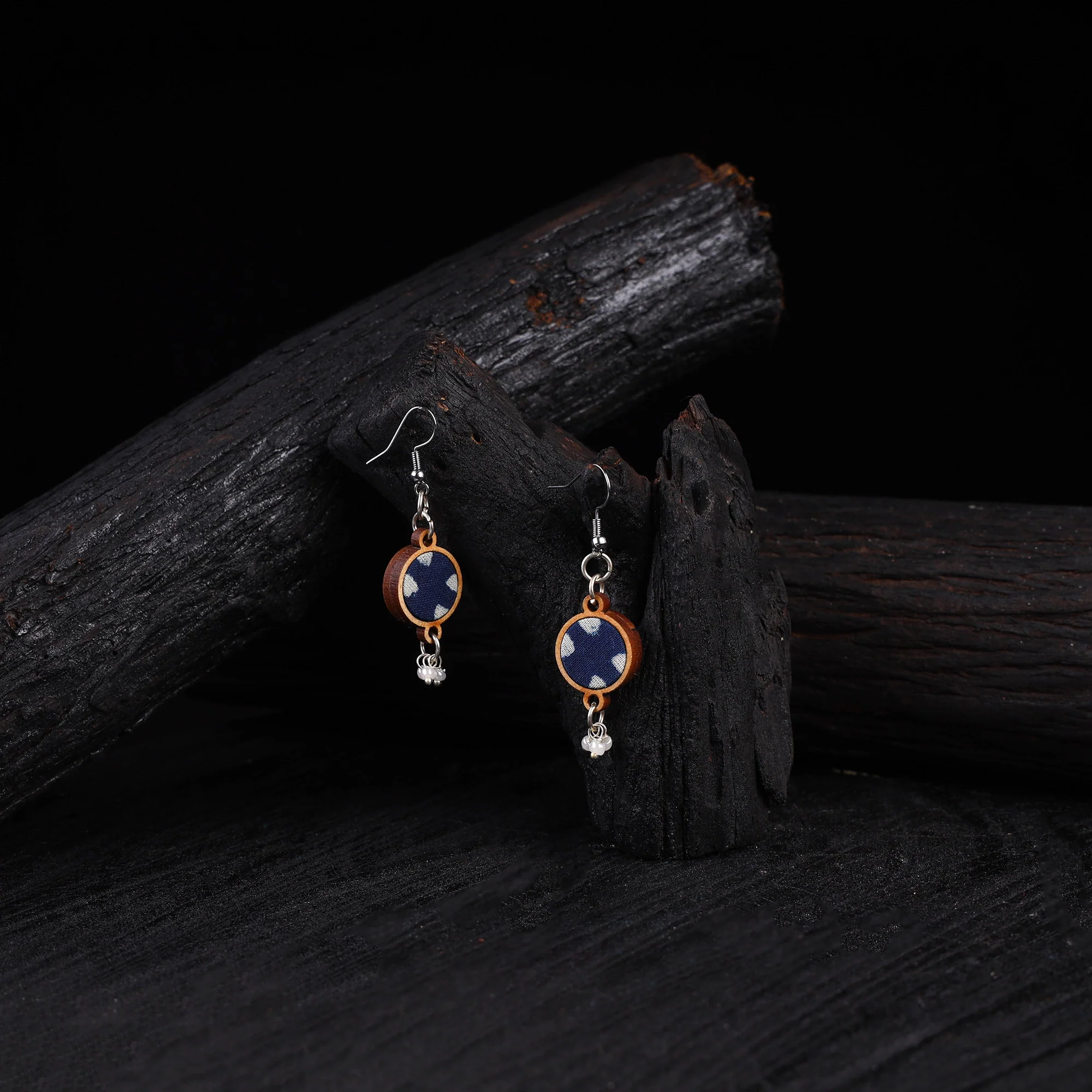 WHE Indigo Blue Repurposed Fabric & Wood Danglers 26