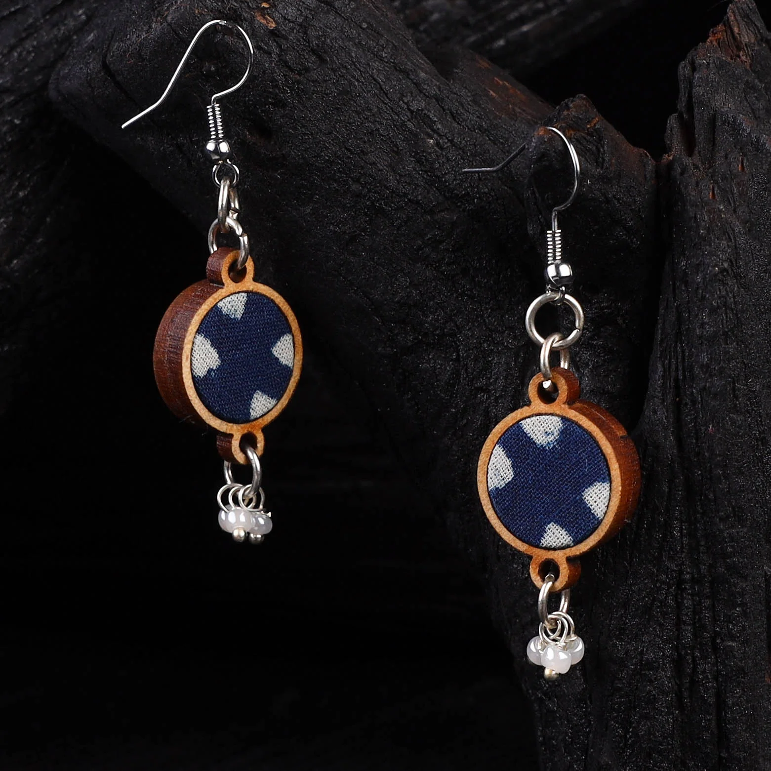 WHE Indigo Blue Repurposed Fabric & Wood Danglers 26 - Image 2