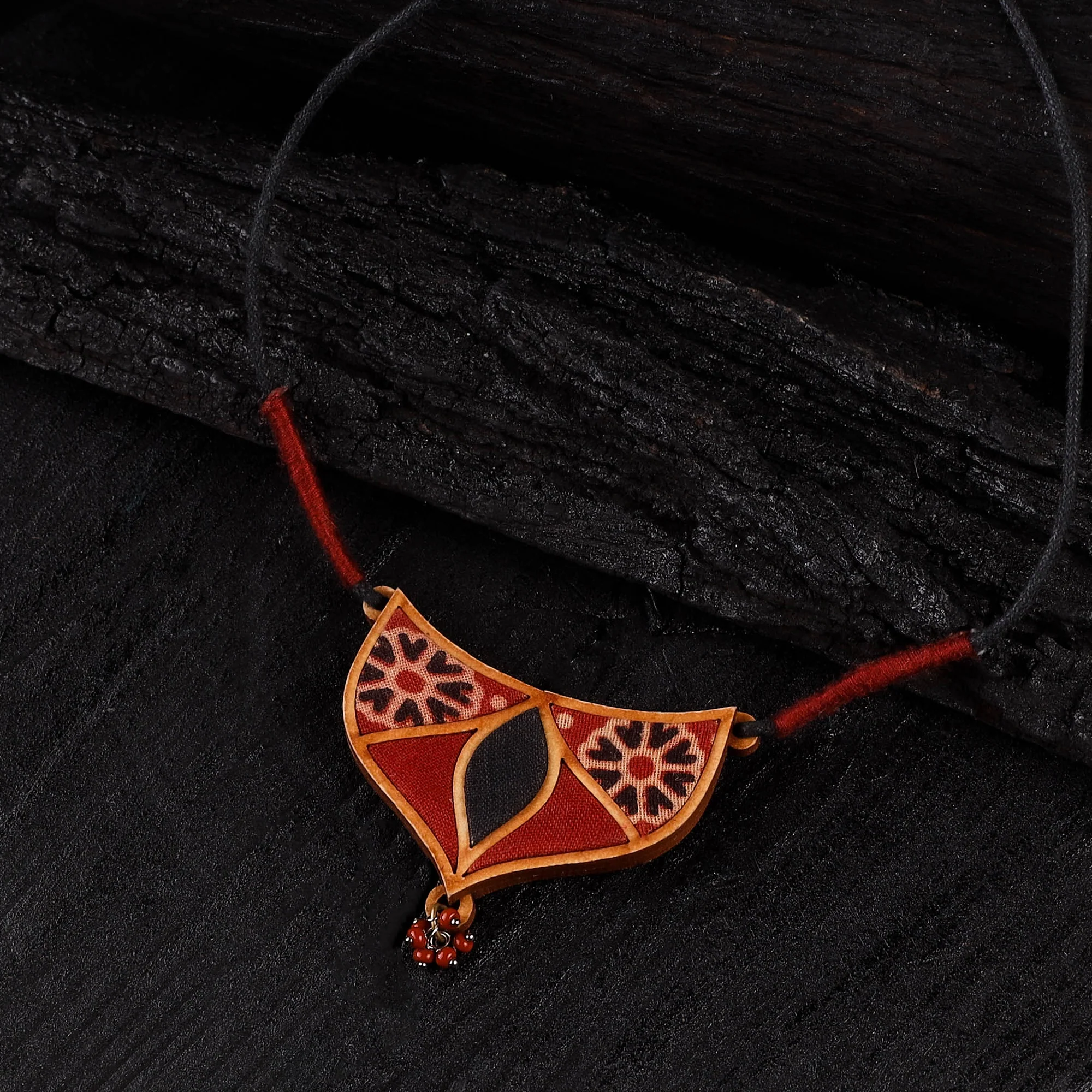 WHE Maroon Repurposed Ajrakh Fabric & Wood Necklace 16 - Image 2