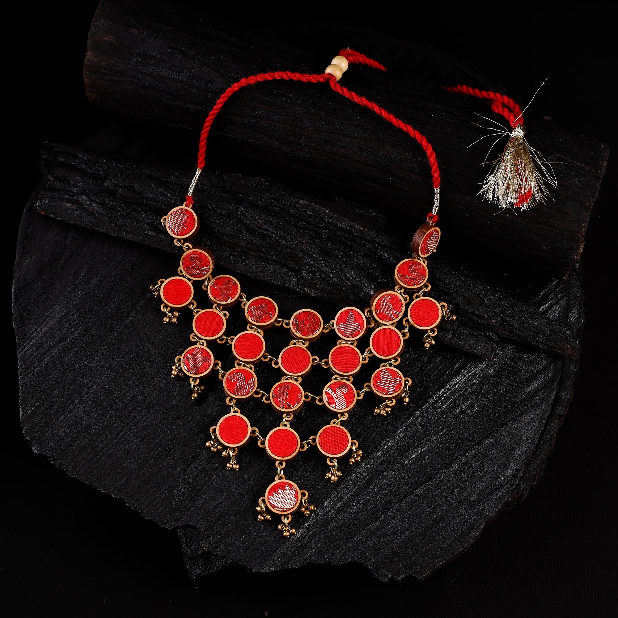 WHE Red Festive Repurposed Fabric & Wood Statement Necklace 02
