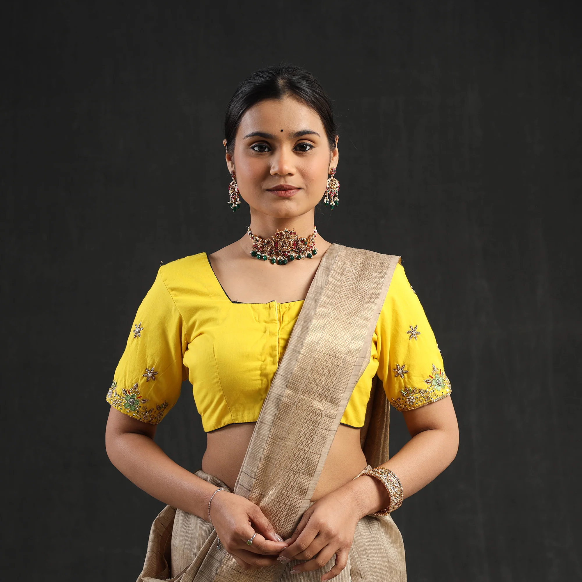Yellow - Zardozi Hand Embroidery Cotton Blouse 07