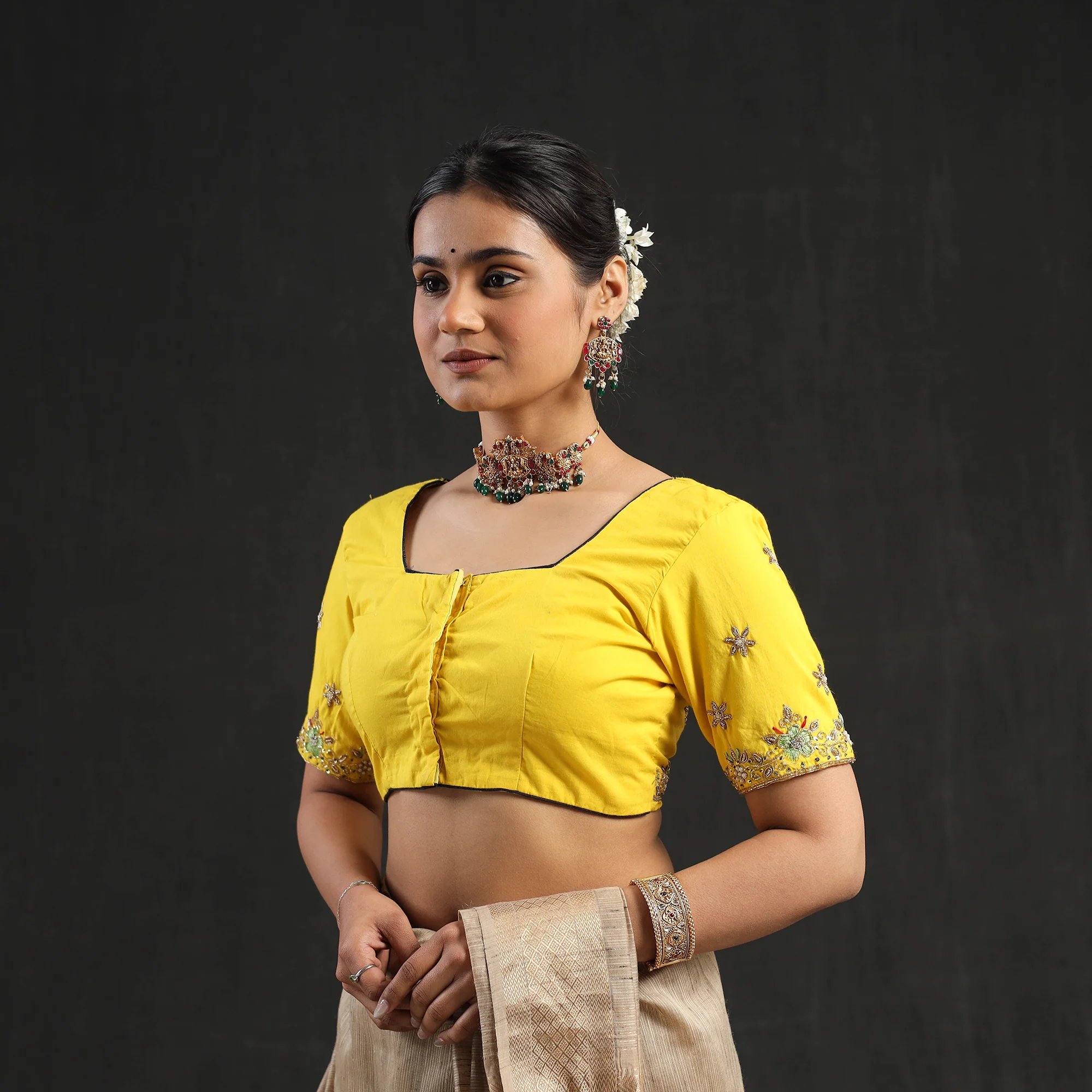 Yellow - Zardozi Hand Embroidery Cotton Blouse 07 - Image 3