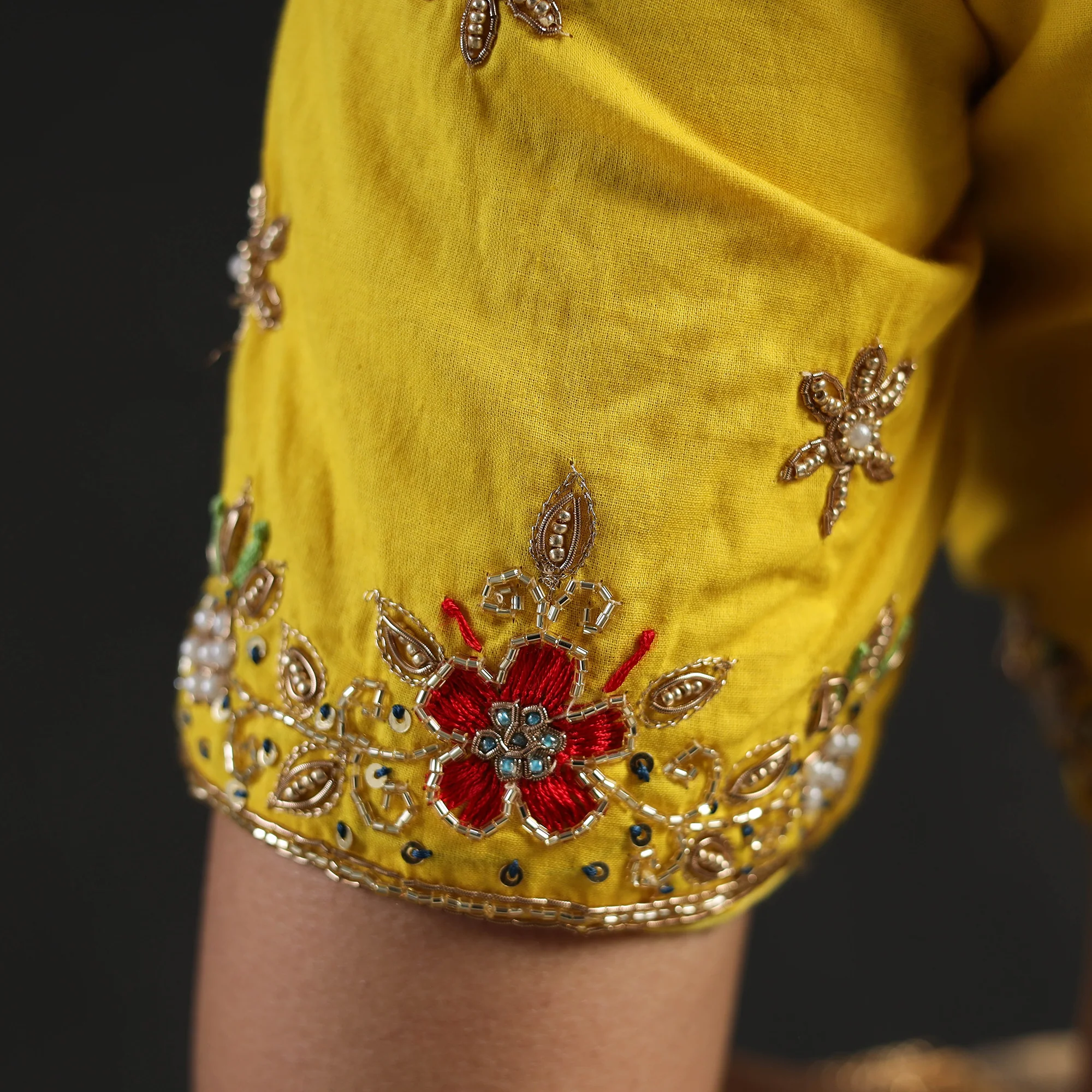 Yellow - Zardozi Hand Embroidery Cotton Blouse 07 - Image 5
