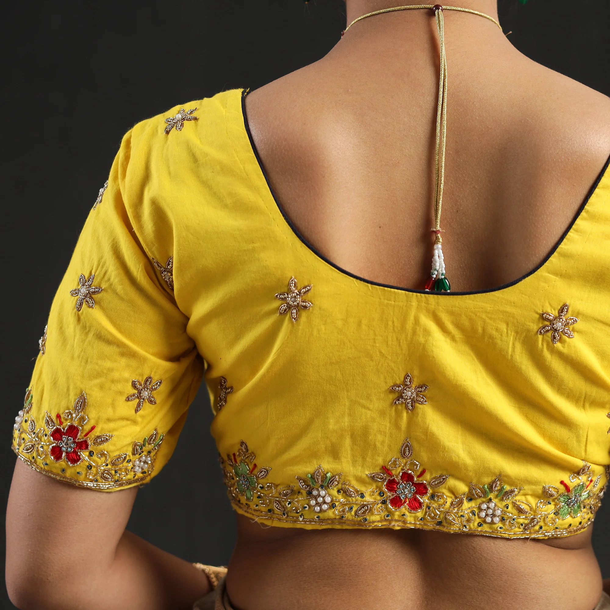 Yellow - Zardozi Hand Embroidery Cotton Blouse 07 - Image 6