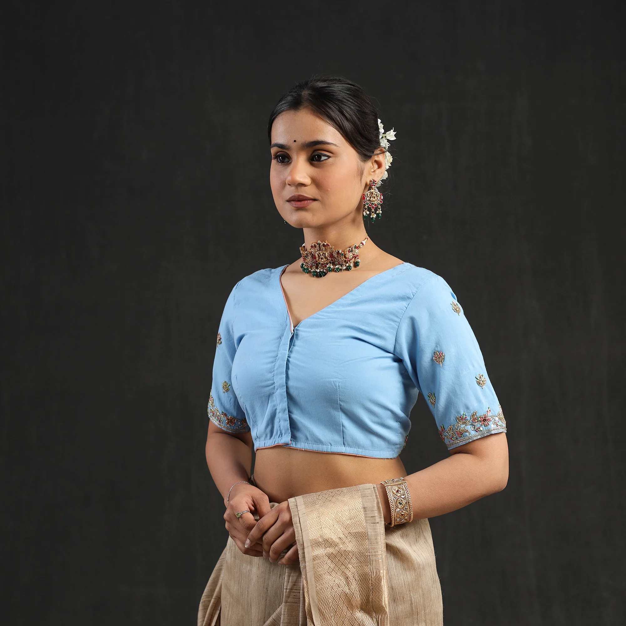 Blue - Zardozi Hand Embroidery Cotton Blouse 11 - Image 3