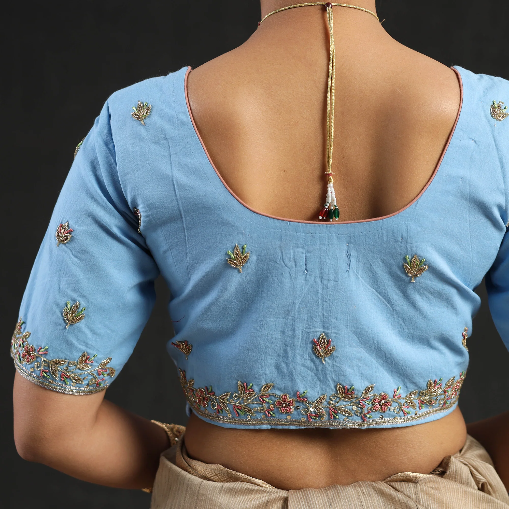 Blue - Zardozi Hand Embroidery Cotton Blouse 11 - Image 6