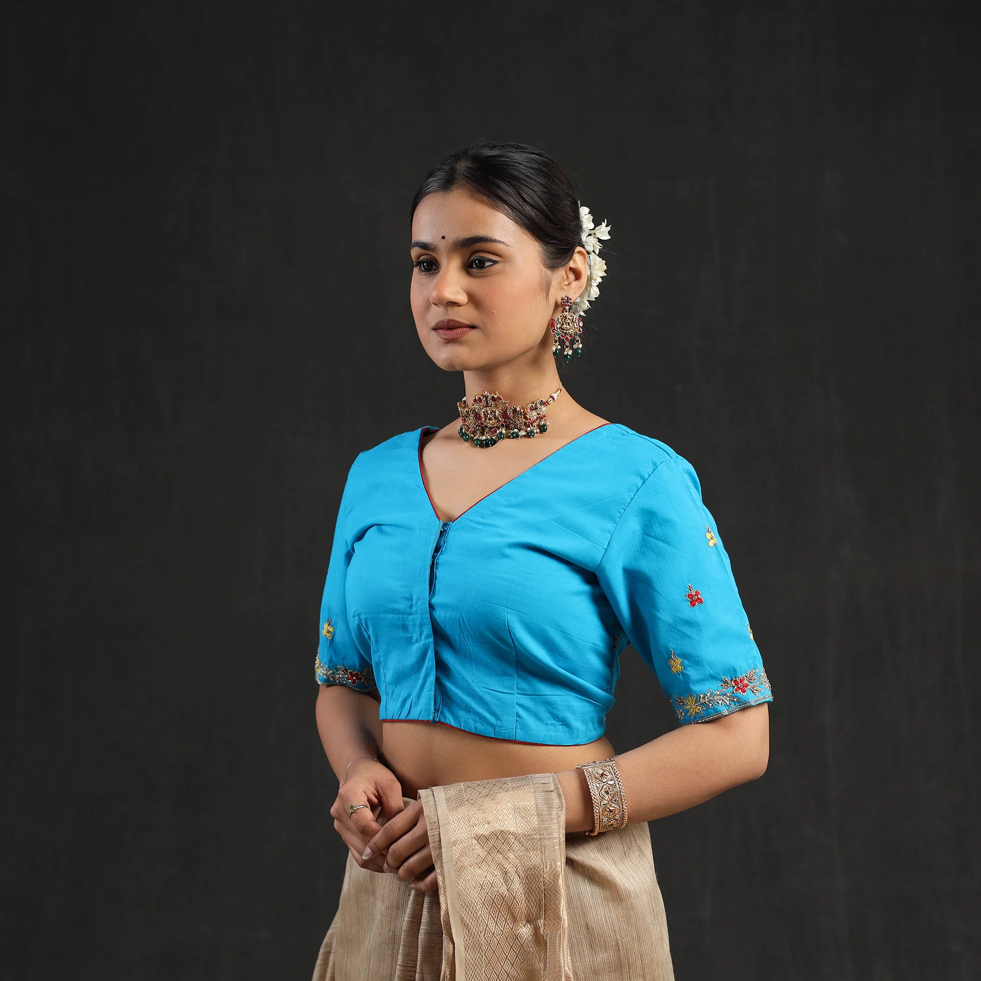 Blue - Zardozi Hand Embroidery Cotton Blouse 12 - Image 3