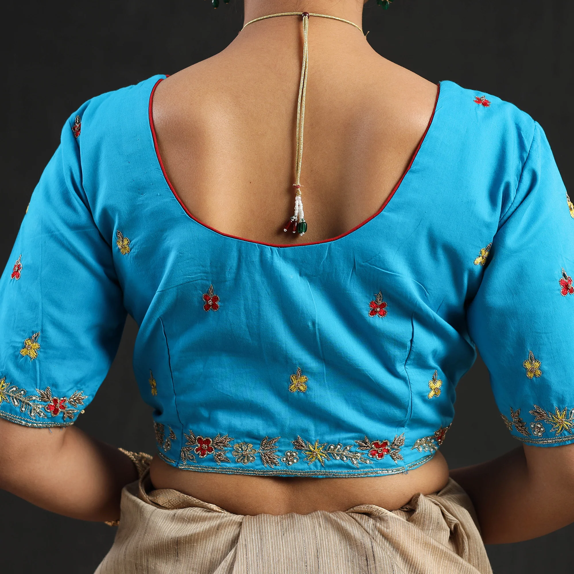 Blue - Zardozi Hand Embroidery Cotton Blouse 12 - Image 6