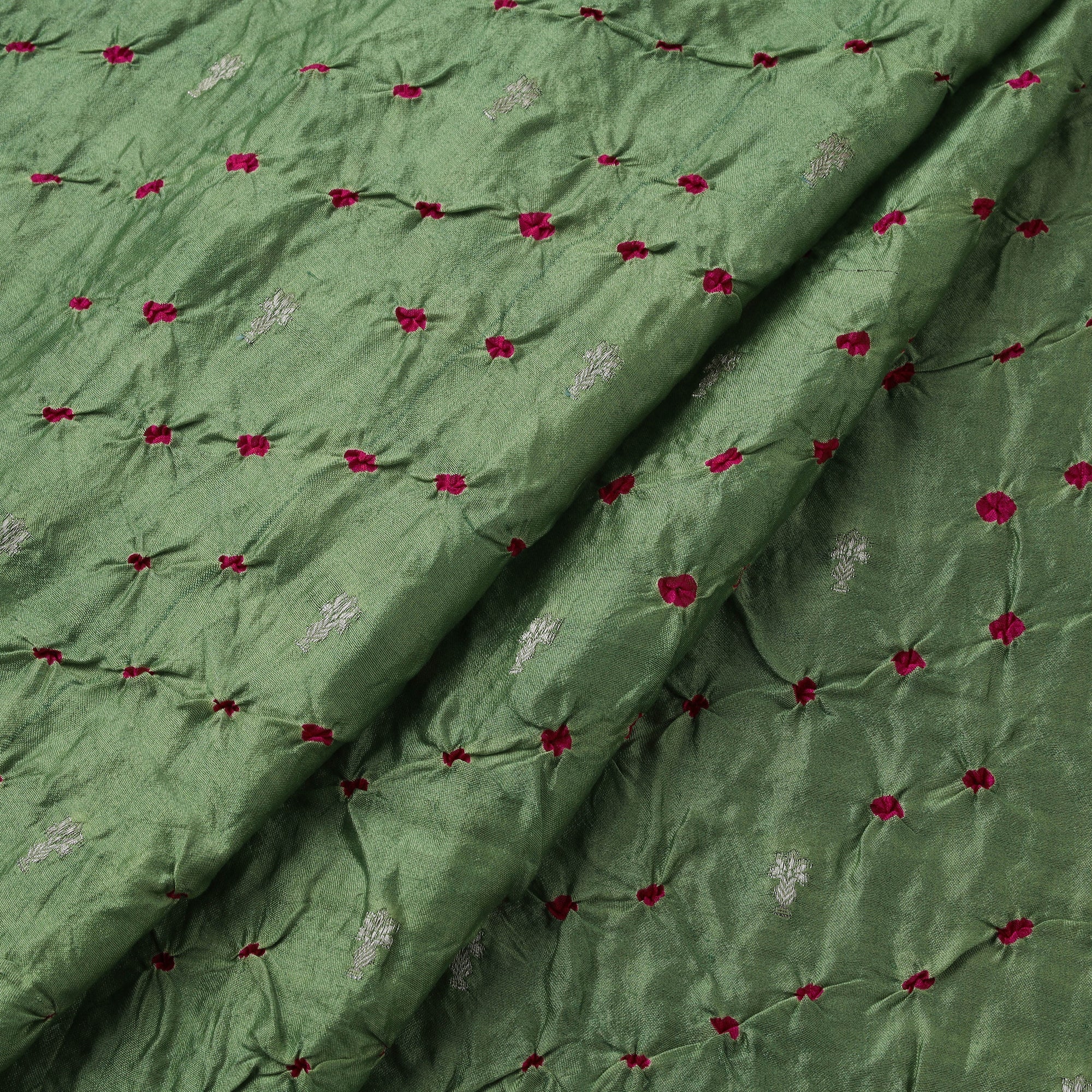 Green - Zari Buti Silk Tie-Dye Bandhani Fabric 09