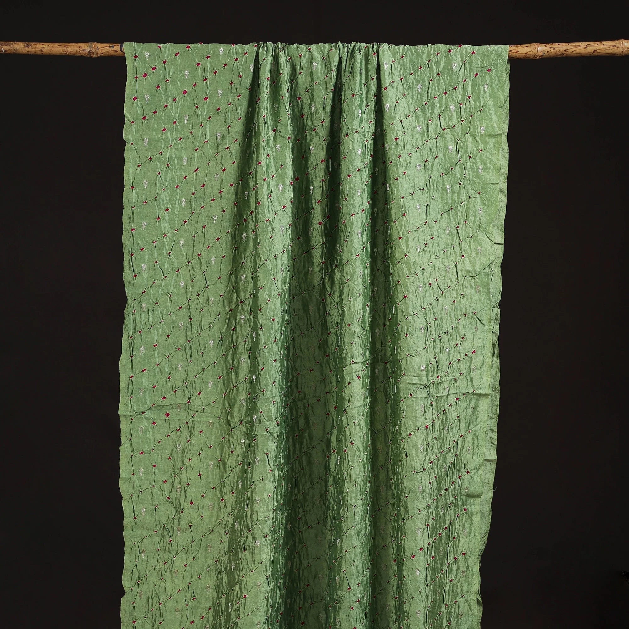 Green - Zari Buti Silk Tie-Dye Bandhani Fabric 09 - Image 5