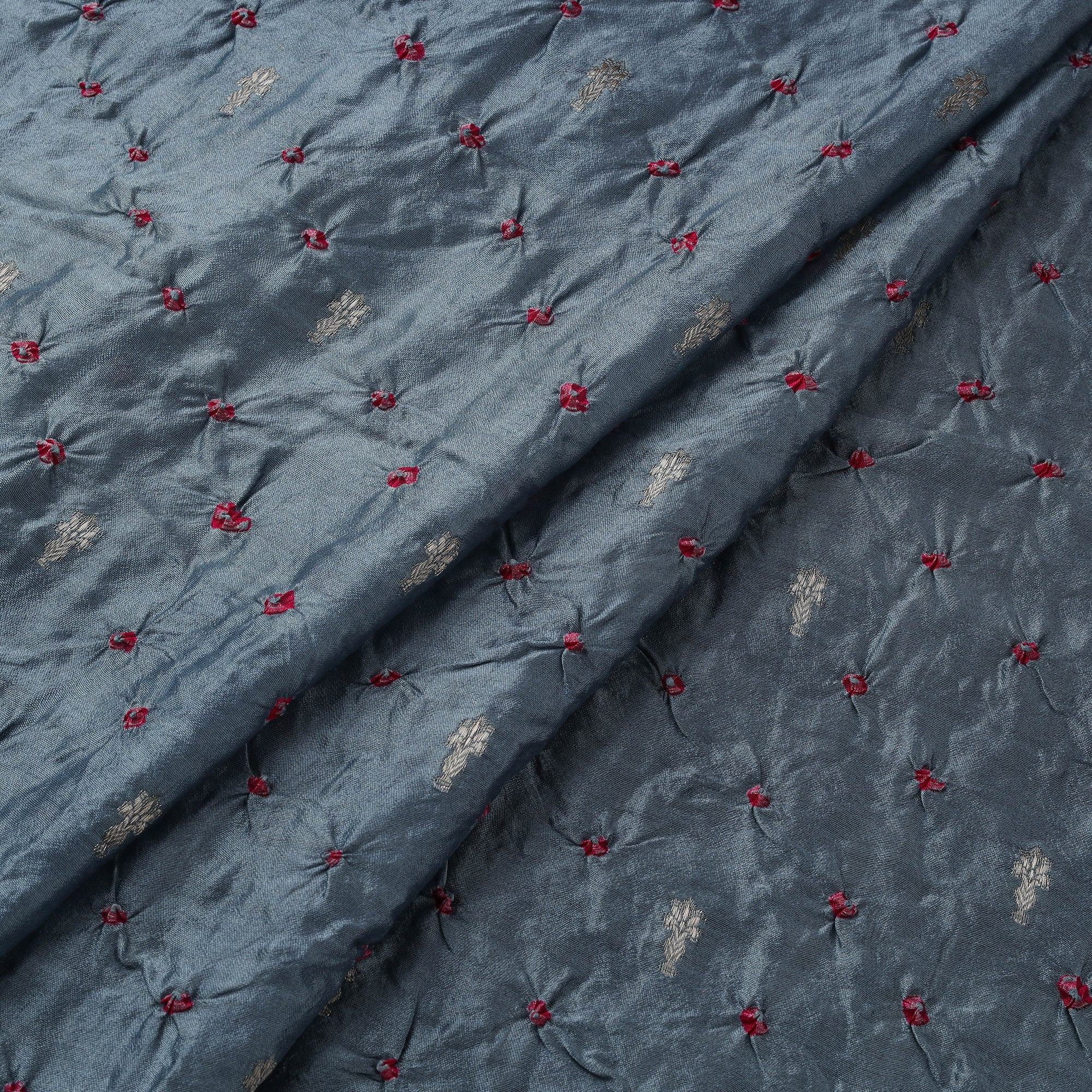 Grey - Zari Buti Silk Tie-Dye Bandhani Fabric 10
