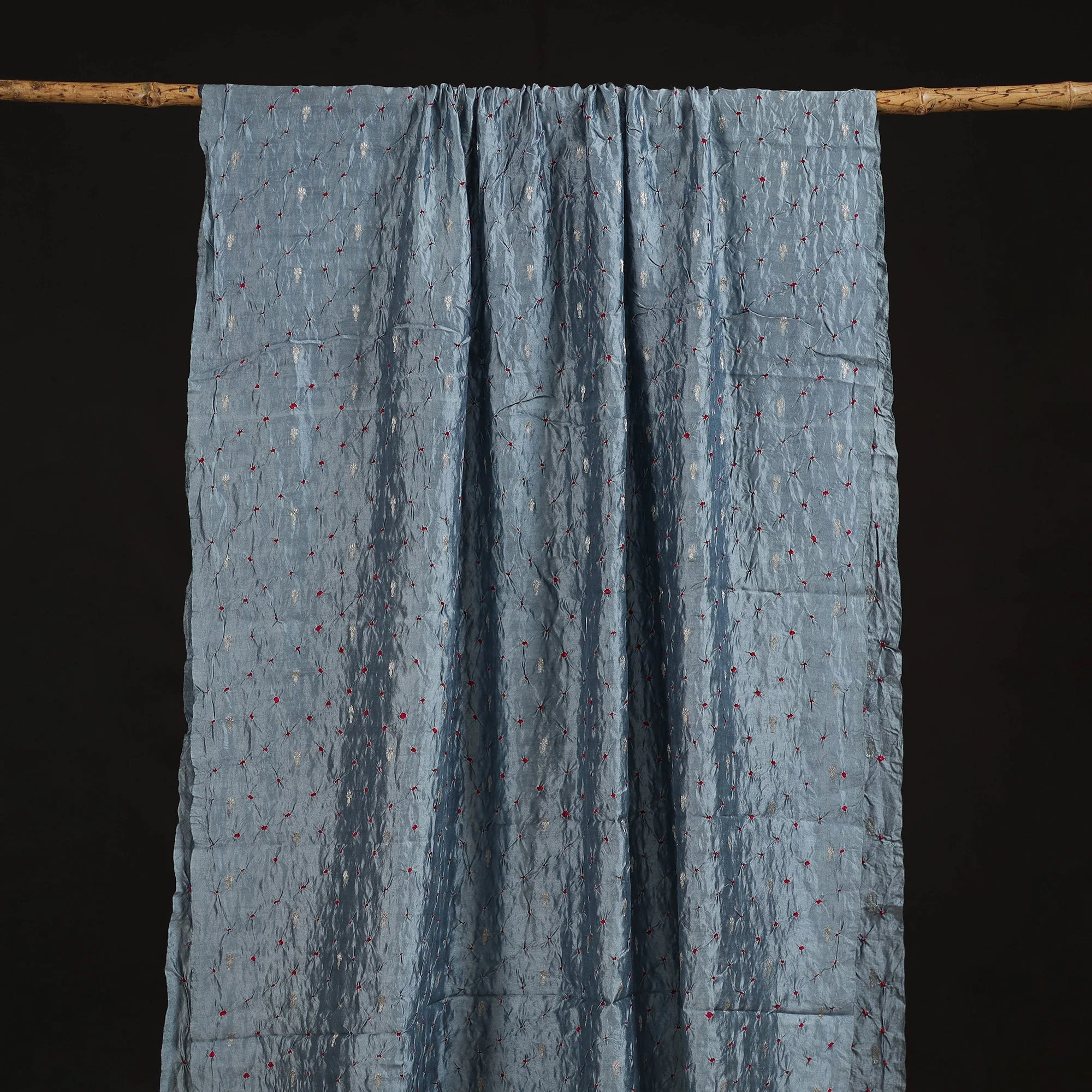 Grey - Zari Buti Silk Tie-Dye Bandhani Fabric 10 - Image 5