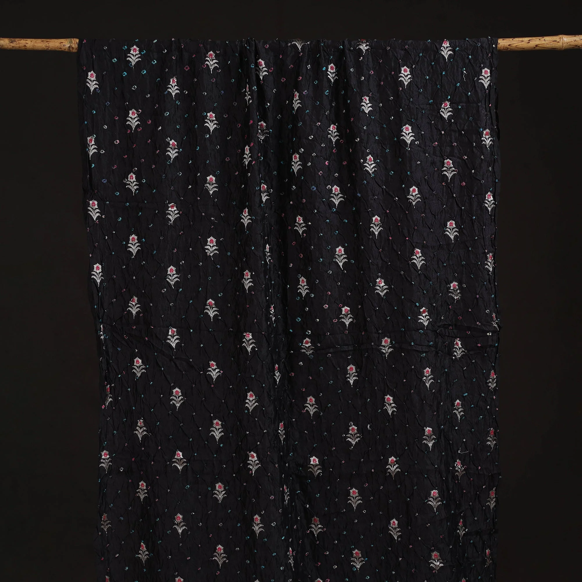 Black - Zari Buti Silk Tie-Dye Bandhani Fabric 33 - Image 5