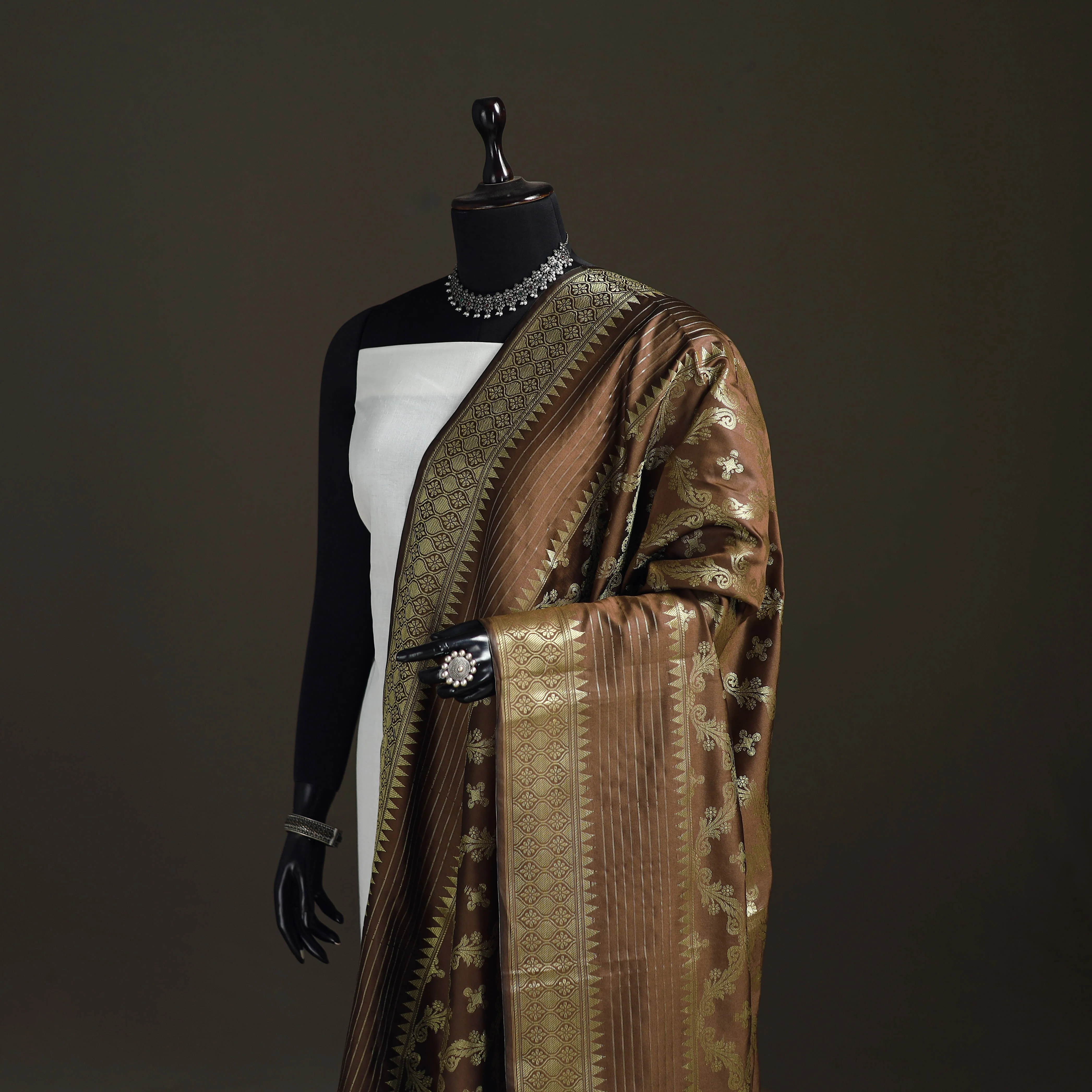 Brown - Zari Work Banarasi Silk Dupatta 05 - Image 2