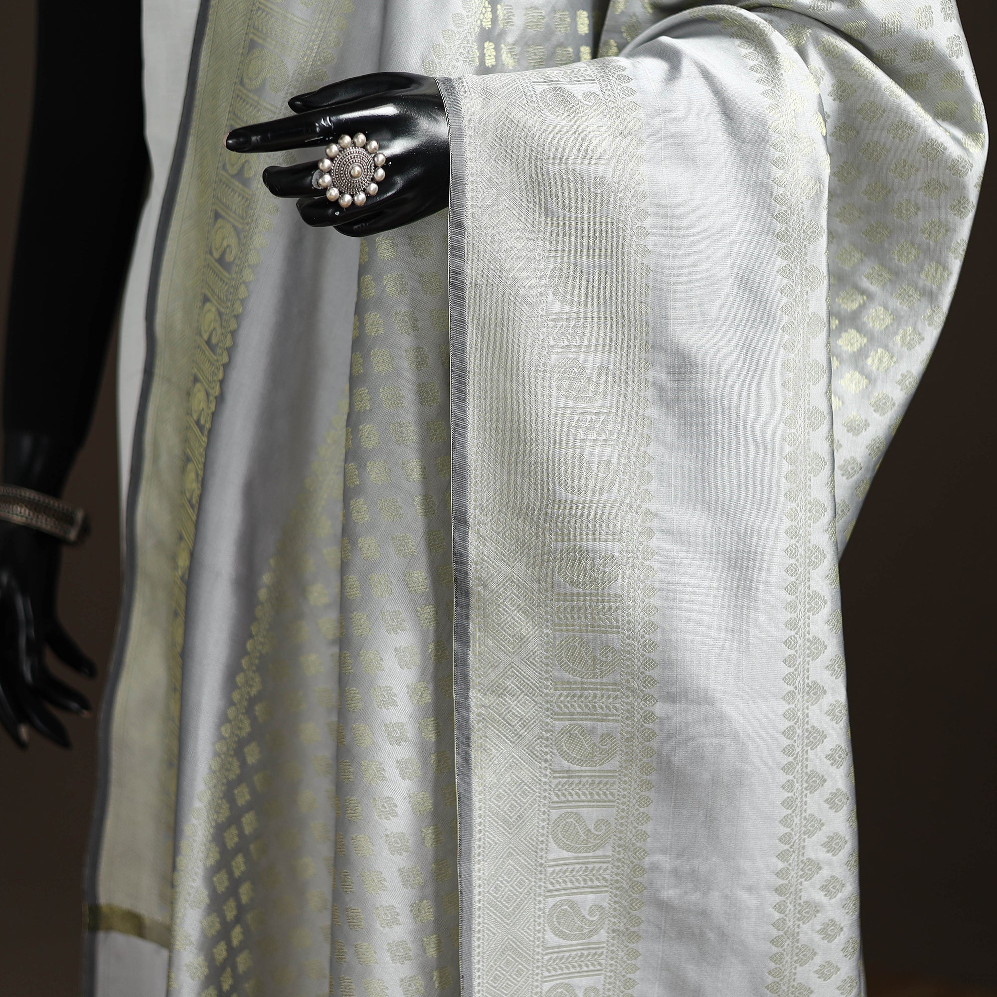Grey - Zari Work Banarasi Silk Dupatta 23 - Image 3