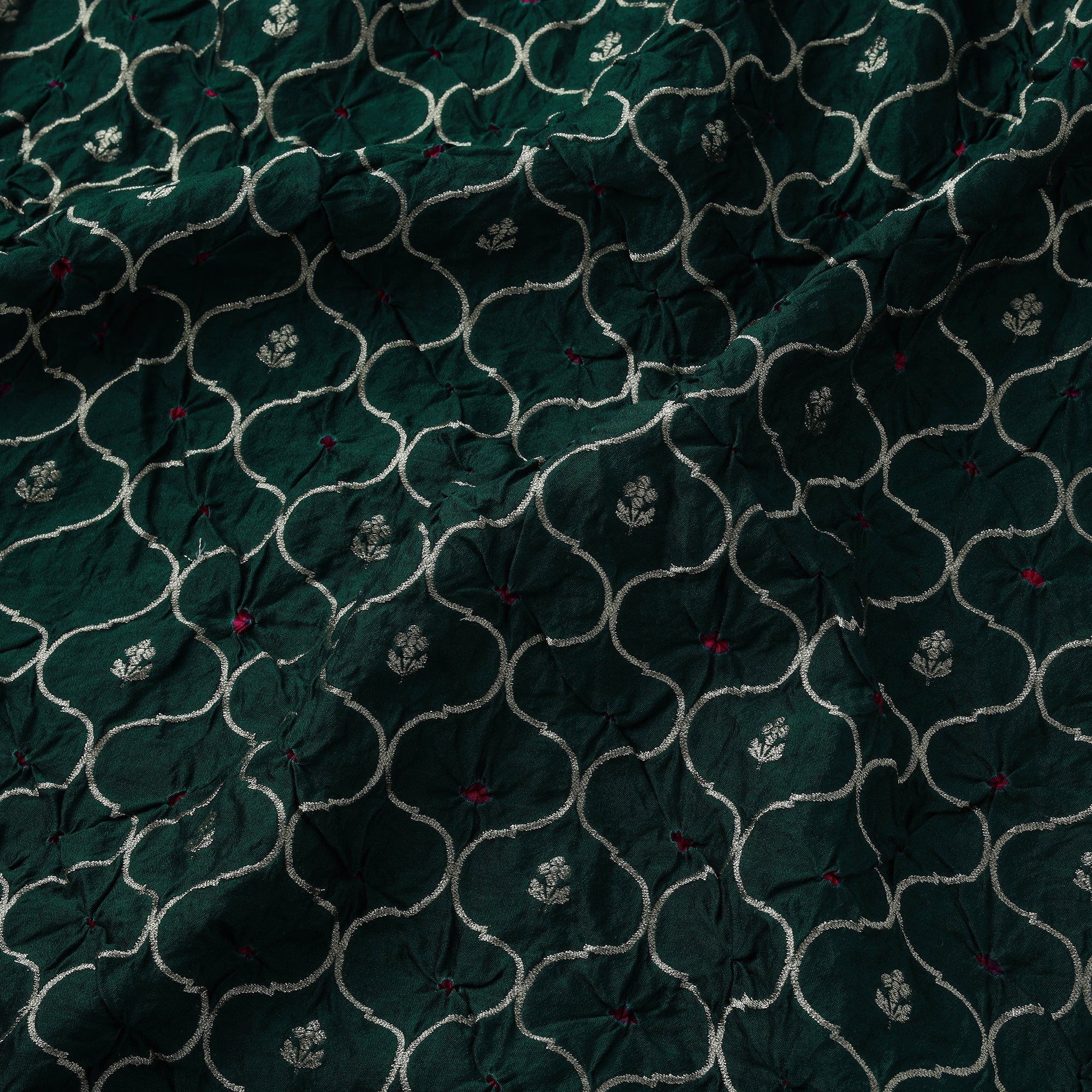 Green - Zari Work Silk Tie-Dye Bandhani Fabric 44 - Image 4