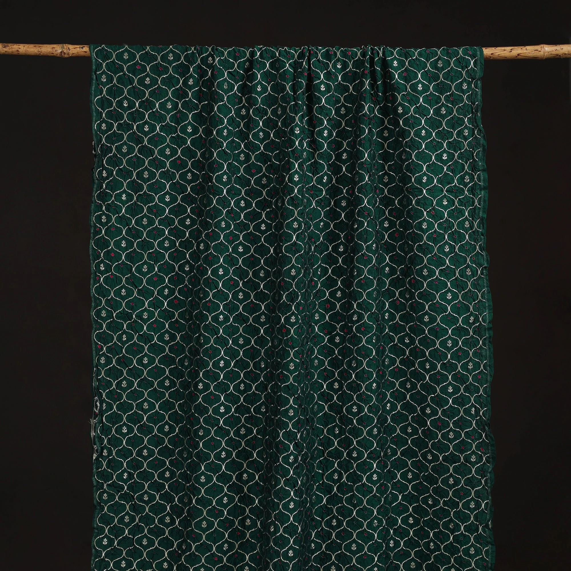 Green - Zari Work Silk Tie-Dye Bandhani Fabric 44 - Image 5